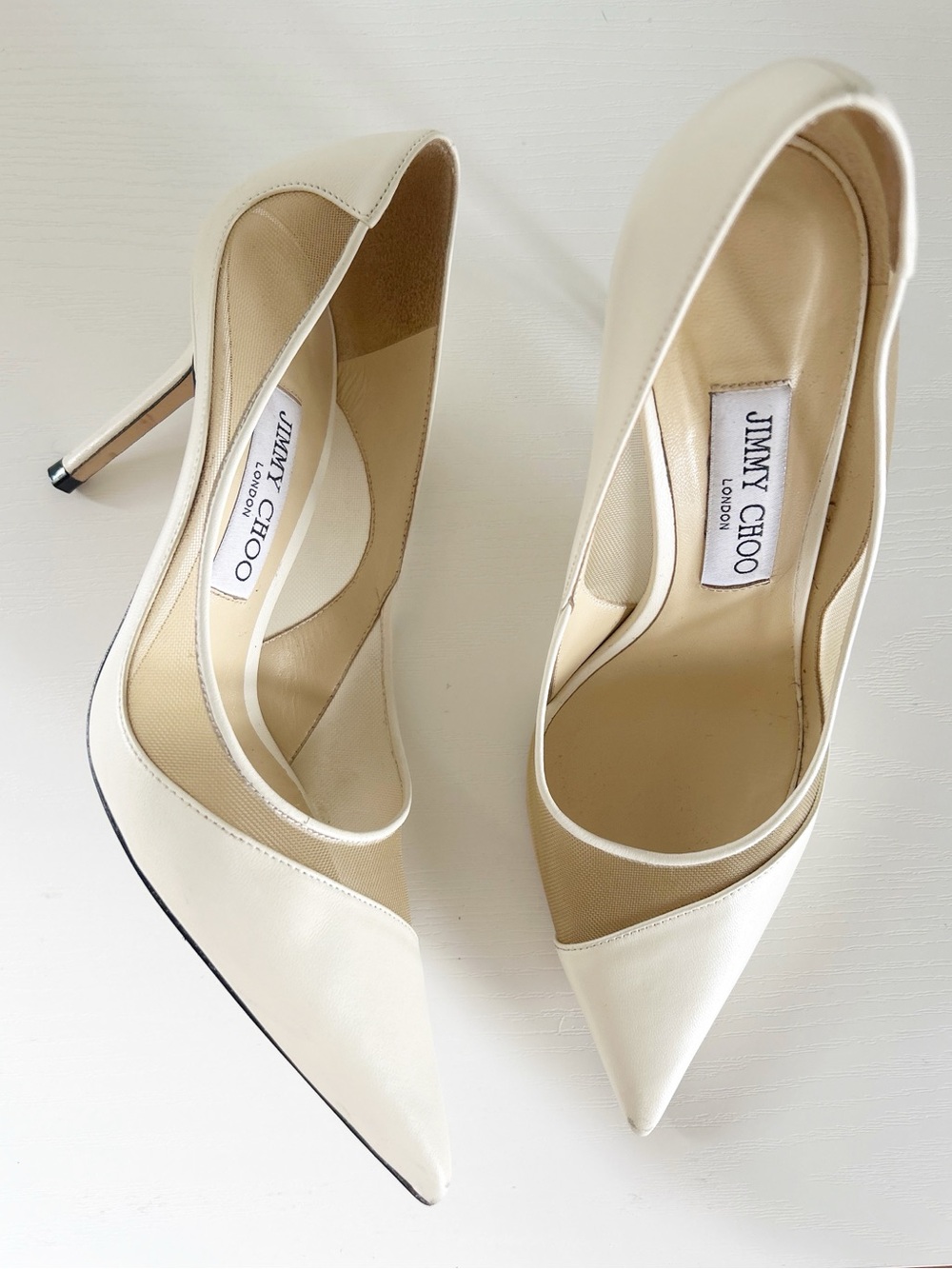 Jimmy Choo Love Latte White Mesh Leather Pointed Toe Heels Size EU 37